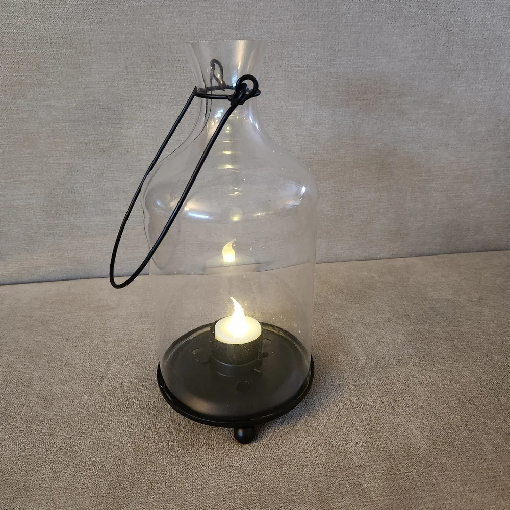 At Home America Warm Spirit Lantern -- Glass Tealight Holder with Metal Base